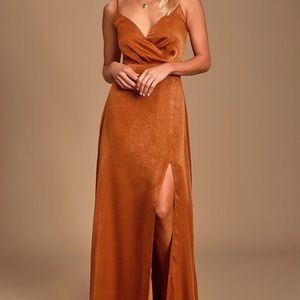 Lulu’s Constantine Rust Orange Satin Maxi Dress